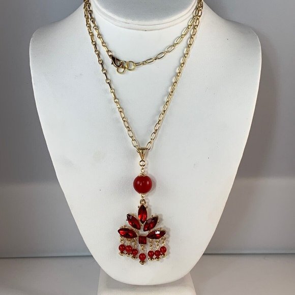 Gold Tone Chain Necklace With Red Crystals And Red Bead Pendant (NA31) - Picture 3 of 4